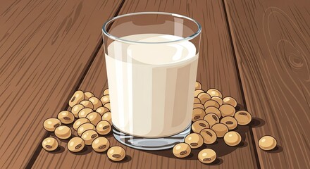 illustration of white milk in a glass on a wooden table