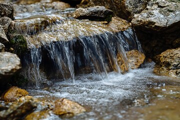 Serene waterfall cascade flowing over rocks creating a peaceful nature scene and clear water