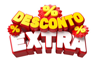 Texto 3D DESCONTO EXTRA vermelho com símbolo de porcentagem, ideal para campanhas