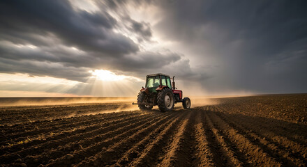 Obraz premium Lone Tractor on Stormy Furrowed Farmland at Twilight
