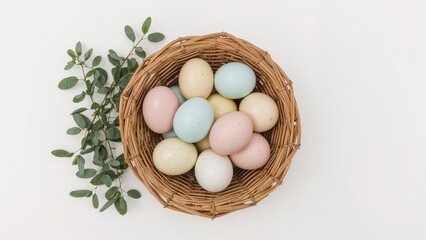 Basket Filled with Easter Eggs on a White Surface