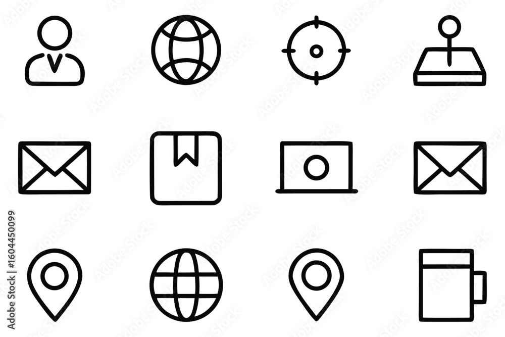Poster minimalist grid of twelve simple cat illustrations in a clean design style