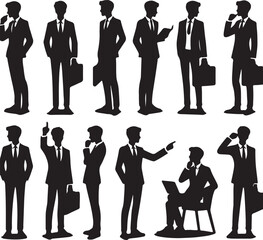 Silhouettes of Businessman character in different poses. Business man in formal suit standing front, back, rear, side view, pointing, thinking. Vector black illustrations on white background	