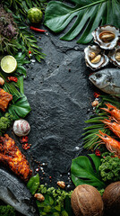 a Menu background with tropical leaves seafood colorfull draws with space in the middle for information, coconuts, palmtrees, fish, fried chicken, clean space