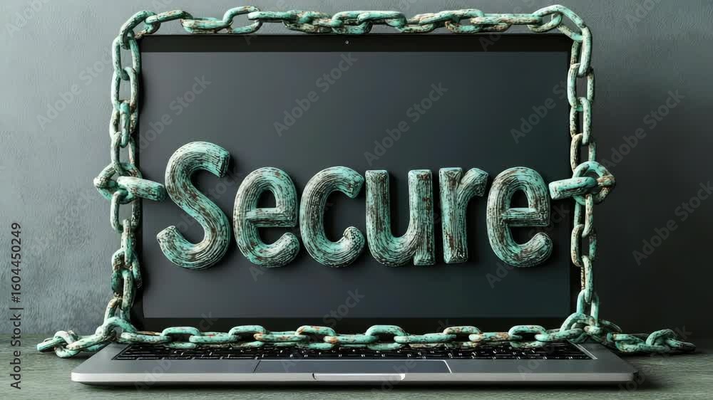 Poster computer security concept with laptop protected by chains and shield