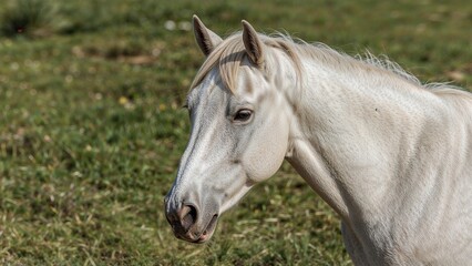 Obraz premium Up-close image of a pale equine in a swampy region, bred alongside bulls and trained for riding by ranch workers.