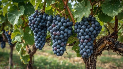 Cluster of vibrant purple and blue grapes dangling from a vine amidst lush foliage in the harvest period