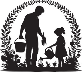 Silhouette of father and daughter gardening vector in white background	