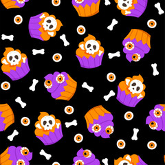 Halloween cupcakes seamless pattern. Vector Halloween repeat print with cute little cake, skulls, bones and zombie eyes on black background. Funny dark texture for fabric, decoration, wrap, backdrop