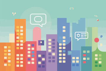 Colorful cityscape illustration with speech bubbles and various building structures on a light background