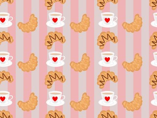 Seamless pattern sweet croissant and cup of coffee with horizontal lines. Vector pastries and coffee for menu, cafe, bakery, logo, packaging