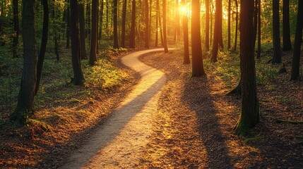 Obraz premium A winding forest path illuminated by the warm glow of the setting sun, surrounded by tall trees and leafy undergrowth.