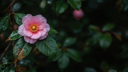 Obraz premium A vibrant pink camellia bloom on the bottom left, accompanied by a rain-soaked leaf with a blurred green foliage backdrop