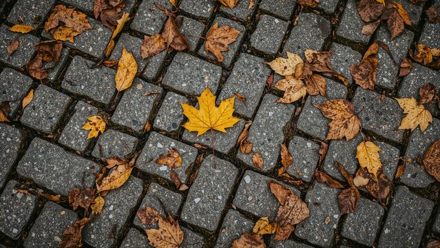 Cobblestone path adorned by a fallen yellow maple leaf in autumn - Powered by Adobe