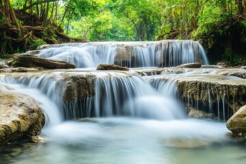 Fototapeta premium Serene waterfall cascading through lush green forest, creating a tranquil nature scene in Thailand