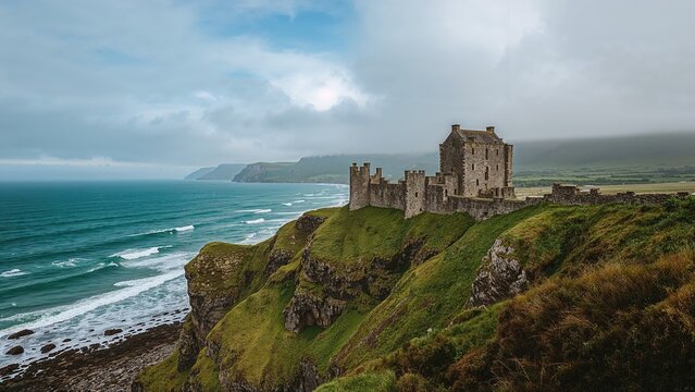 Coastal ruins surrounded by lush landscapes and water