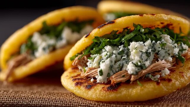Golden Venezuelan arepas stuffed with reina and fresh greens prepared in a culinary showcase