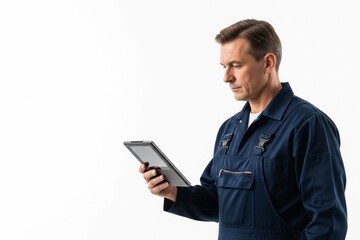 Engineer in Safety Gear Operating Touchscreen Device