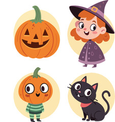 Halloween Characters Pumpkin, Witch Girl, Cat, Pumpkin head