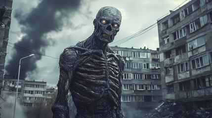 Fototapeta premium Creepy skeletal mutant with glowing eyes standing in destroyed city buildings and dark smoky atmosphere.