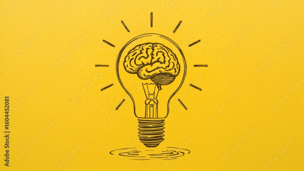Poster artistic depiction of a brain within a lightbulb over torn yellow paper indicating inventive thought