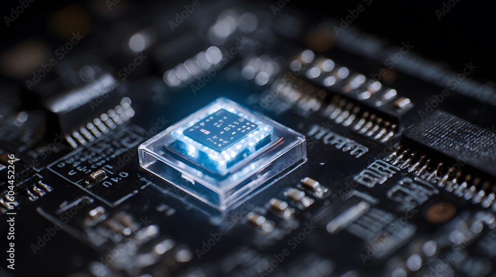 Poster closeup of illuminated microchip on circuit board