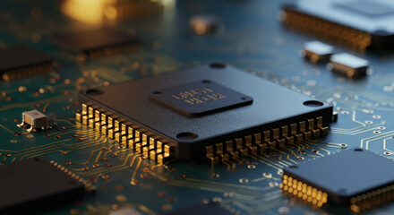 Macro view of a powerful computer processor microchip on a glowing electronic circuit board, representing the heart of modern digital technology.