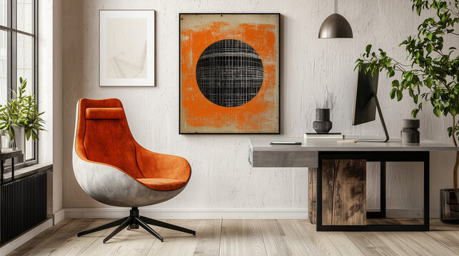 Modern home office with orange chair, abstract art, plants, and stylish minimalist decor. - Powered by Adobe