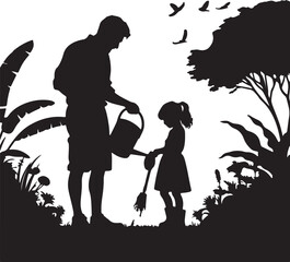 Silhouette of father and daughter gardening vector in white background	