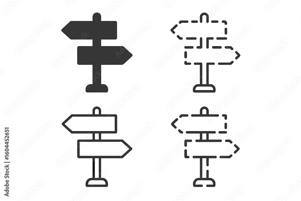Poster directional signpost vector icon set with solid silhouette and dashed outline arrows pointing left a
