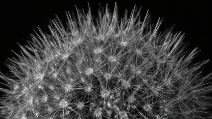 Stunning monochrome macro image emphasizing the fine structures of dandelion pistils in spring.