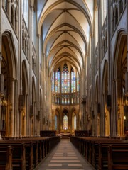 Naklejka premium Exploring gothic architecture historic cathedral interior photography religious environment symmetrical viewpoint spiritual concept