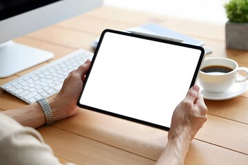 Hands holding a tablet computer with blank screen on a wooden desk with coffee and keyboard