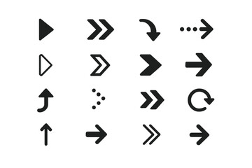 Arrow icons vector set collection. Navigation UI interface buttons directions symbols. Black arrows chevron cursor pointer play forward back refresh designs transparent background