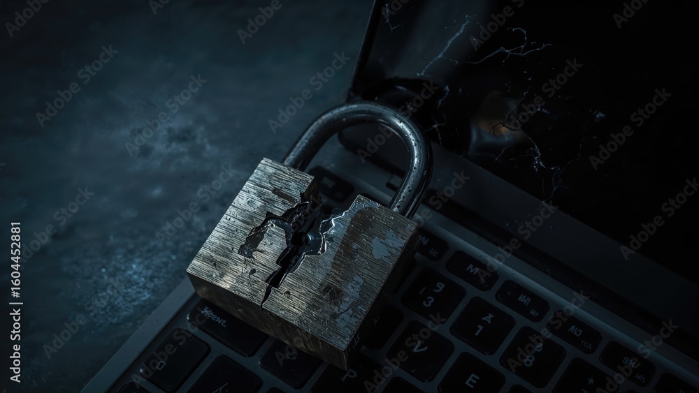 Poster security lock failure on computer keyboard - unauthorized access detected
