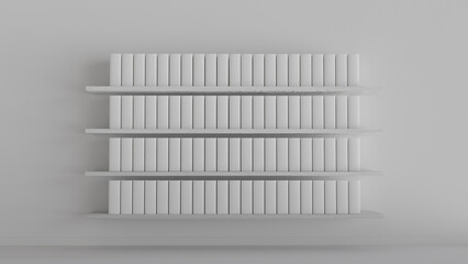 3D mockup of bookshelf with plain white books in white interior for design, template of covers and visualizations, educational