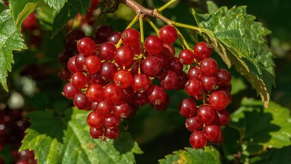 Macro shot of red currant fruit clusters on a lush green branch in summer