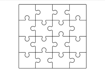 Blank jigsaw puzzle grid. Clean black outline pieces. Connection concept. Teamwork collaboration. Problem solving. Missing piece metaphor. Modular integration illustration.
