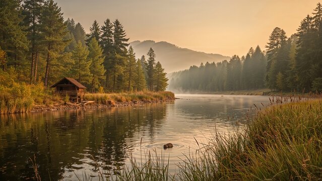Aquatic ecosystem with beaver dam surrounded by forest and nature