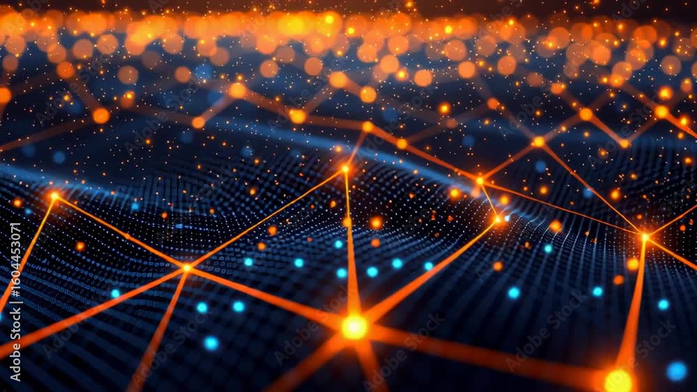 Poster abstract digital network background with glowing nodes and waves in blue and orange colors