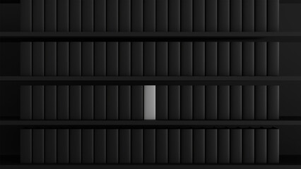 3D mockup of bookshelf with simple black books in black interior and one book white for design, cover and visualization templates, education © Виктория Котлярчук