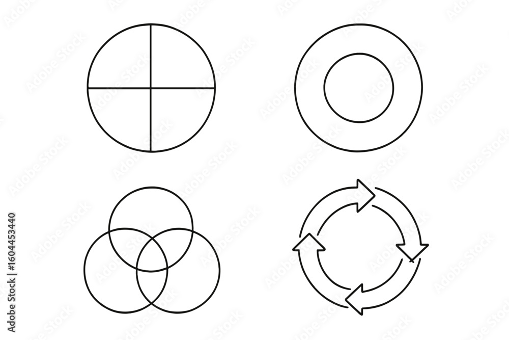 Aufkleber circular diagram templates set: blank pie chart quadrant, donut ring, three-circle venn, four-arrow 
