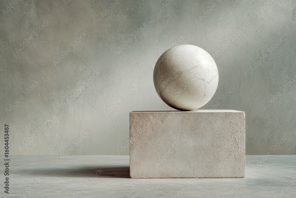 Poster sphere atop block on gray backdrop. simple form used to display product/design