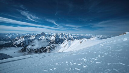 Winter mountain scene with snow-covered ski slopes and a deep blue sky