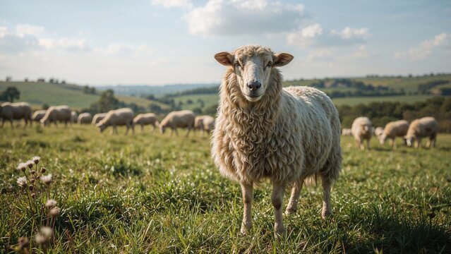 Assaf sheep of domestic breed resting on grassy field near other sheep in summer