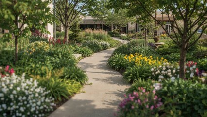 Obraz premium Blurred image of a quiet therapeutic garden adjacent to a treatment center, highlighting twisting walkways, lively flowers, and peaceful vegetation designed for stress relief.