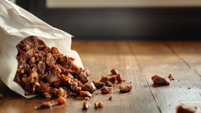 Sliced beef jerky spilling from paper bag on wooden surface