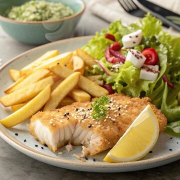 Crispy baked cod fillet with golden fries and fresh salad on ceramic plate &ndash; healthy homemade seafood meal with lemon and sesame garnish