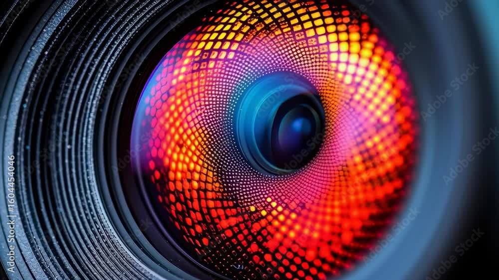 Poster close-up view of a photography lens with vibrant colorful circular patterns and depth of field