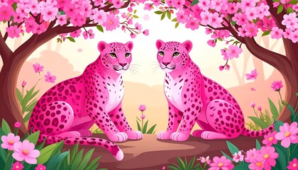 Pink leopards beneath cherry blossoms
